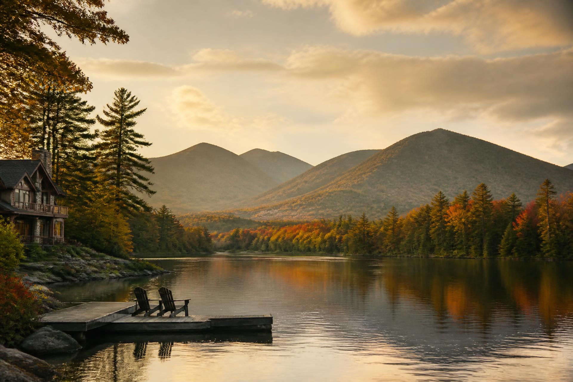 Adirondack lakefront estate surrounded by fall foliage at golden hour